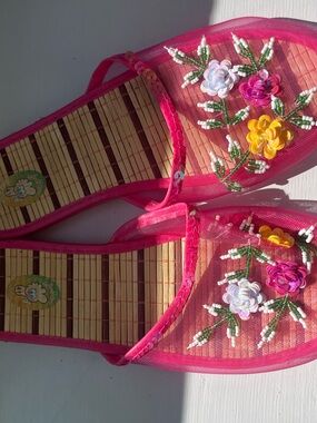 Pink Floral Beaded Women’s Slide Sandals